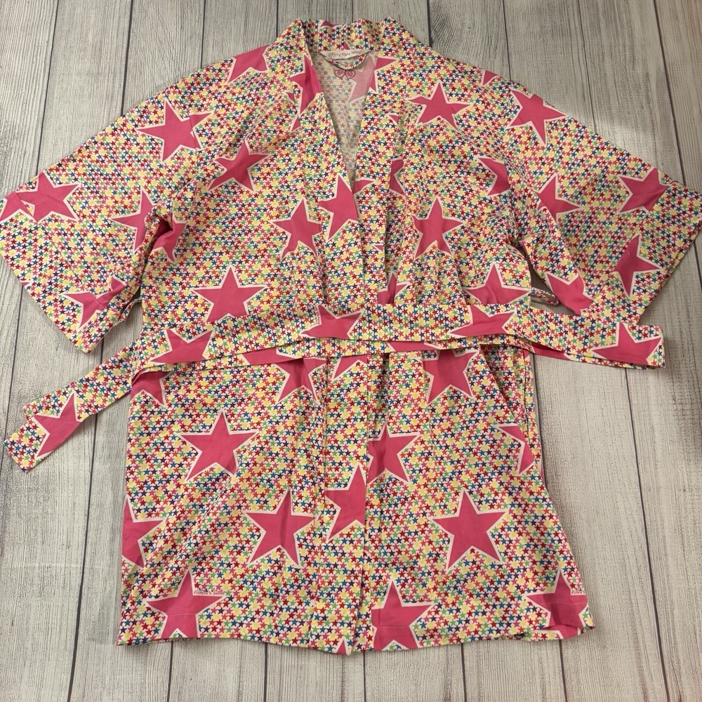 Victoria's Secret Vintage Y2K Robe Small Pink Rainbow Star Print Cotton Belted